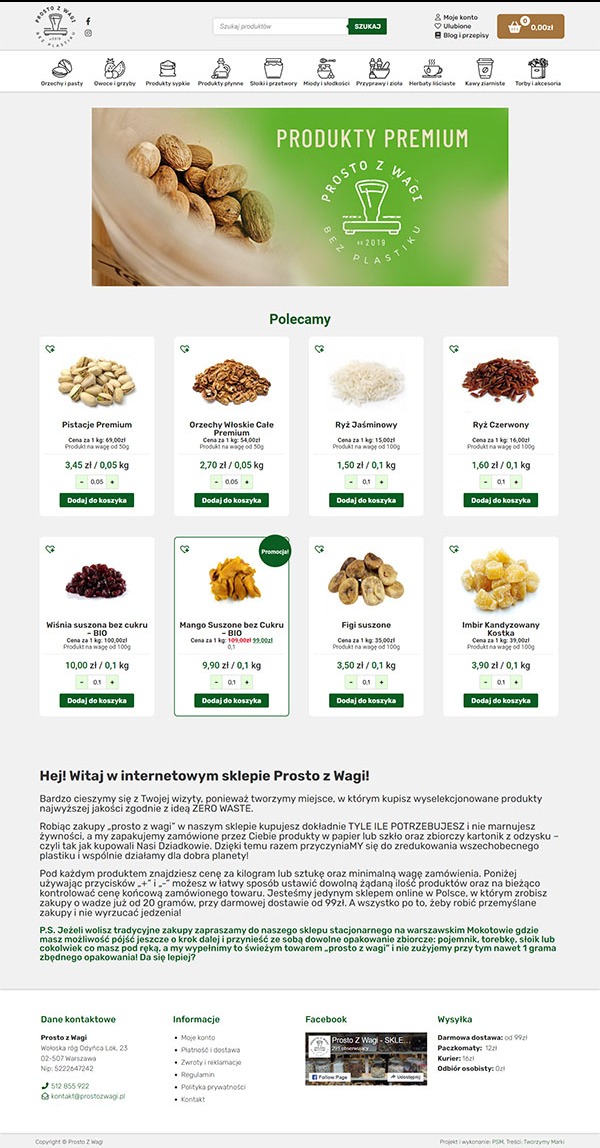 Strona główna sklepu internetowego Prosto z Wagi z produktami premium, oferującego orzechy, suszone owoce i inne produkty sprzedawane na wagę, z logo i hasłem 'Bez plastiku'.