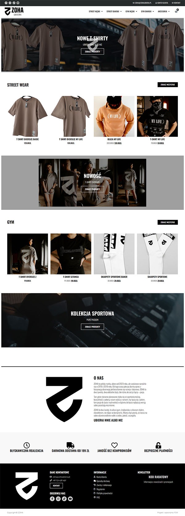 Zrzut ekranu strony internetowej sklepu odzieżowego Zoha, prezentujący ofertę t-shirtów, bluz, skarpet sportowych oraz kolekcje Street Wear i Gym.