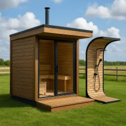 Nowoczesna, drewniana sauna zewnętrzna z przeszklonymi drzwiami i minimalistycznym prysznicem na tle zielonego trawnika i błękitnego nieba.