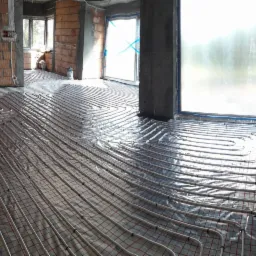 Rozłożone rury grzewcze na podłodze w surowym stanie, widoczne okna z zewnątrz i ściany z cegły.