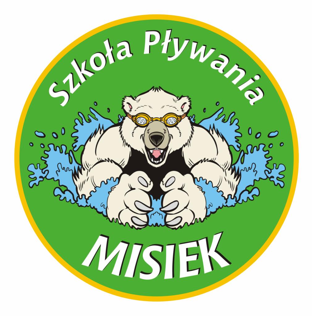 Logo Szkoły Pływania 'MISIEK' przedstawiające białego niedźwiedzia w okularach do pływania, otoczonego stylizowanymi falami, umieszczone na zielonym tle w okręgu z żółtą obwódką.