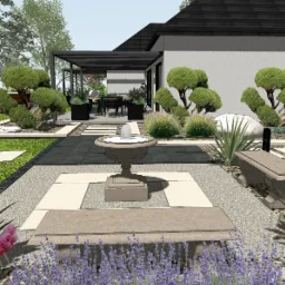 Wizualizacja ogrodu z fontanną, kamiennymi ścieżkami, rabatami kwiatowymi z różami i lawendą oraz pergolą z miejscem do siedzenia.