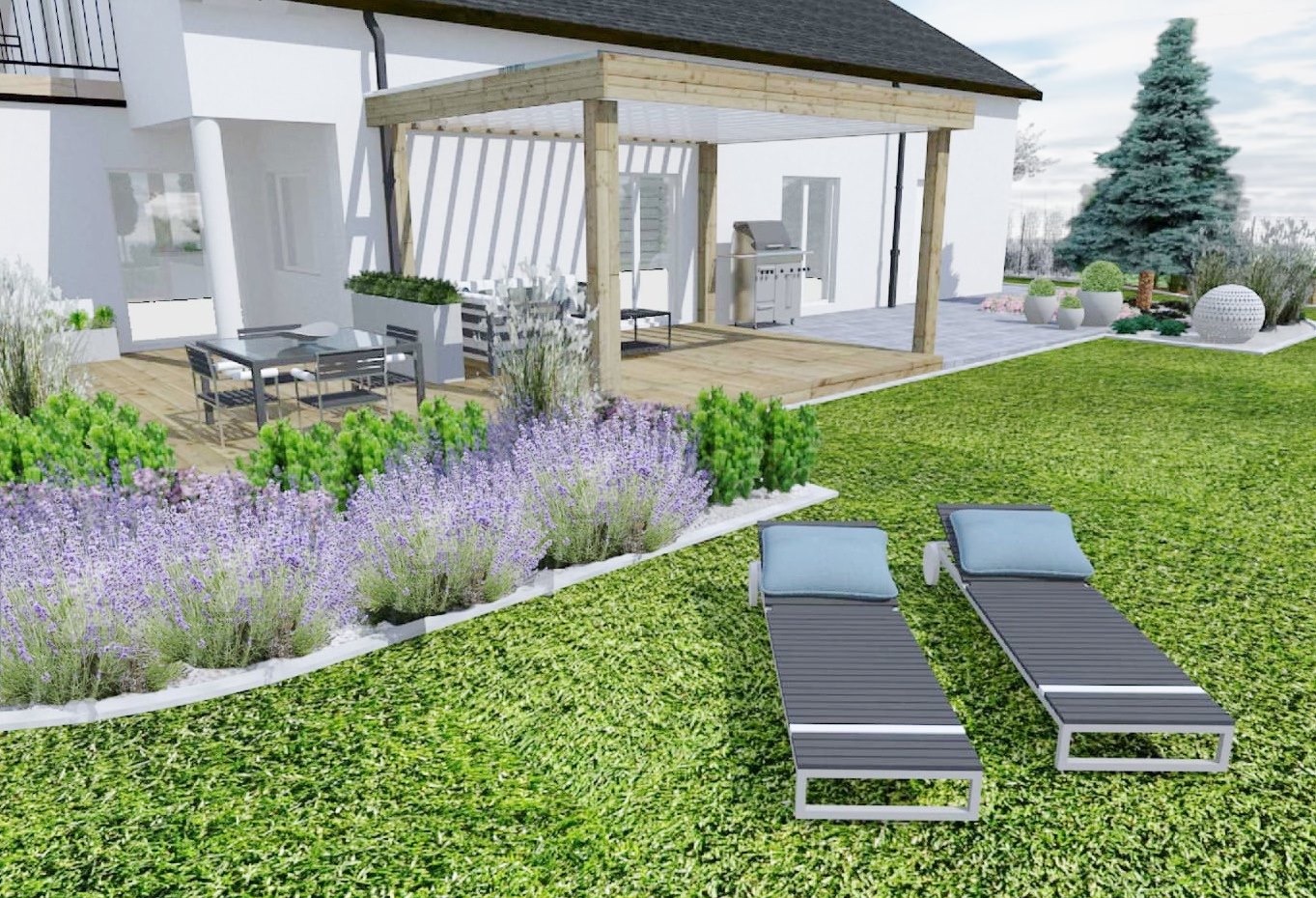 Wizualizacja ogrodu w zabudowie jednorodzinnej pod Wrocławiem. PaKKA