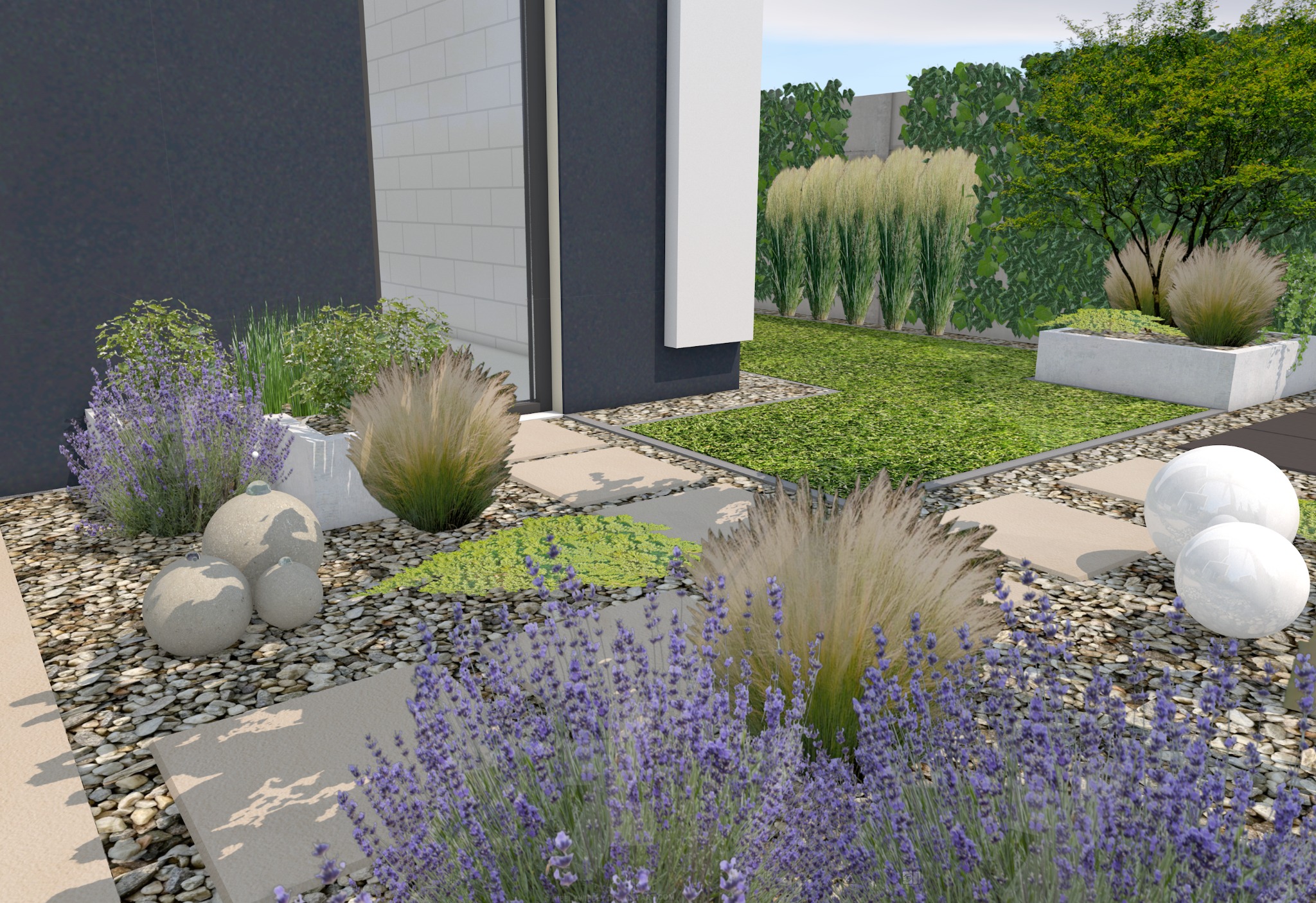 Wizualizacja ogrodu w stylu nowoczesnym z kwitnącą lawendą, ozdobnymi trawami, białymi kulami i ścieżką z płyt na żwirowym podłożu.