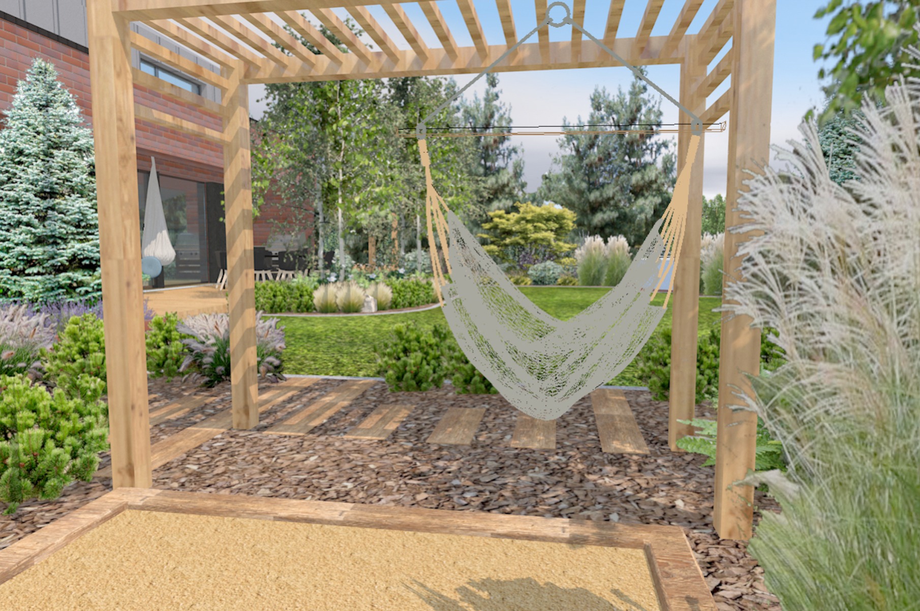 Wizualizacja ogrodu z drewnianą pergolą, na której zawieszony jest biały hamak sznurkowy, z widokiem na zadbany trawnik, drzewa i krzewy ozdobne.