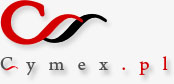 Logo firmy Cymex.pl z czerwono-czarnym symbolem graficznym przypominającym nieskończoność i szarym napisem 'cymex.pl' z czerwonymi literami 'C' i '.pl'.