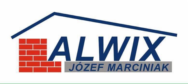 Logo firmy budowlanej ALWIX Józef Marciniak z motywem muru z czerwonej cegły i zarysem dachu w kolorze niebieskim.