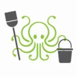 Grafika wektorowa przedstawiająca stylizowanego zielonego ośmiornicę, obok której znajduje się szara miotła i szare wiadro. Ilustracja ma sugerować usługi porządkowe.