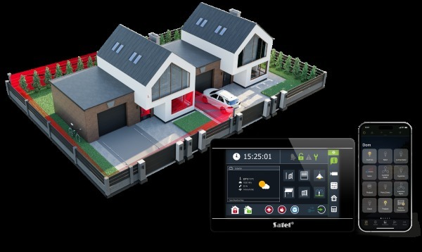 Wizualizacja domu z systemem alarmowym, z zaznaczonymi strefami ochrony na ogrodzeniu, panel sterowania systemem i aplikacja mobilna na smartfonie.