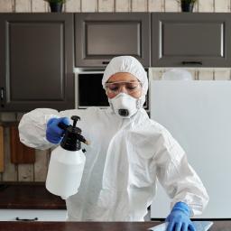 Nimboos - Osoba w kombinezonie ochronnym, okularach i masce, dezynfekuje blat kuchenny spryskiwaczem i ścierką, wnętrze mieszkania z szafkami w tle.