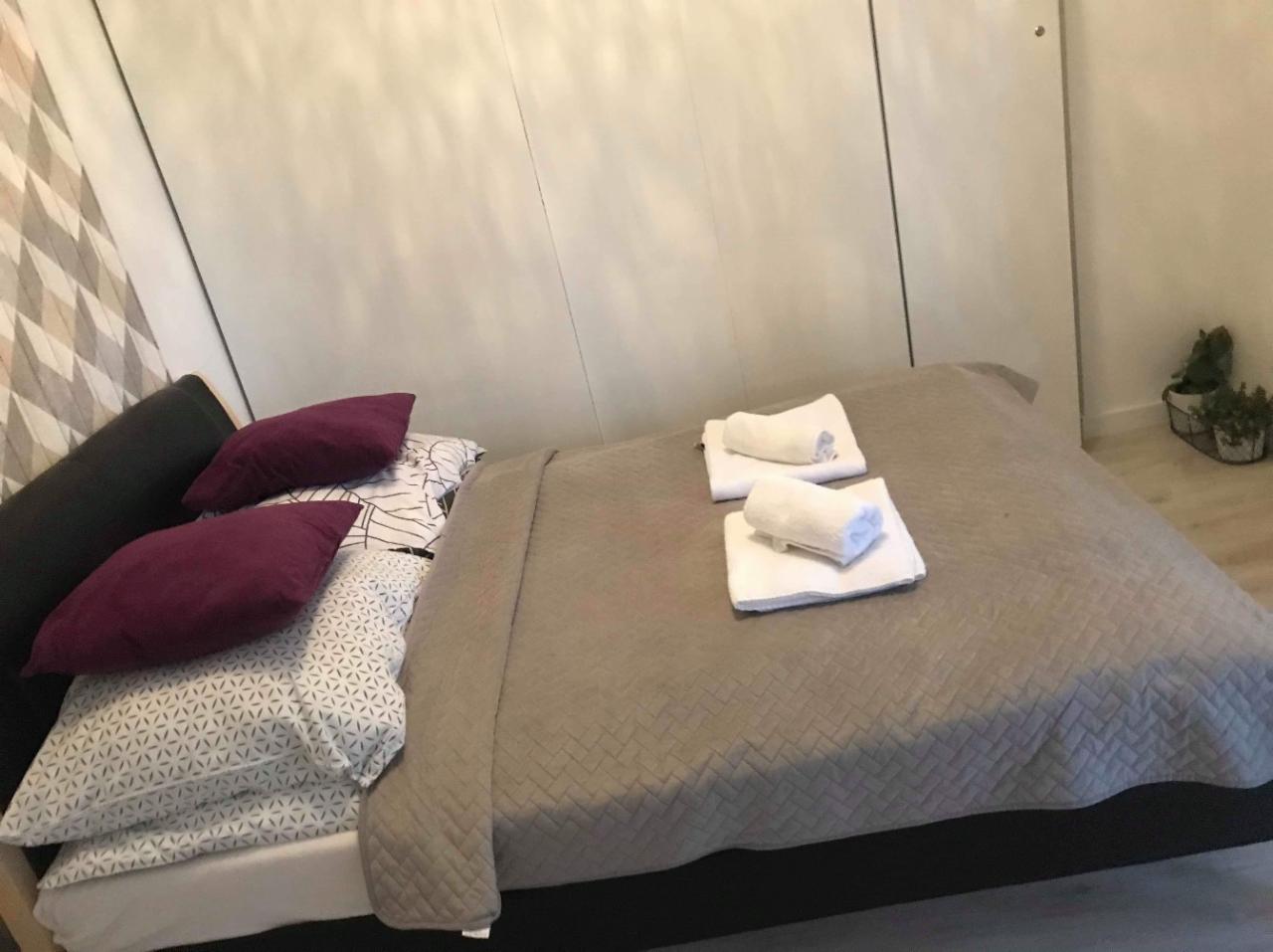 Ustawione na łóżku dwa złożone białe ręczniki, burgundowe poduszki i wzorzysta pościel, w tle białe panele ścienne i doniczki z roślinami.