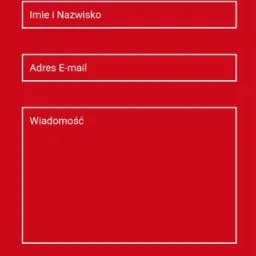 Czerwony formularz kontaktowy z polami: Imię i Nazwisko, Adres E-mail, Wiadomość oraz przyciskiem Wyślij.