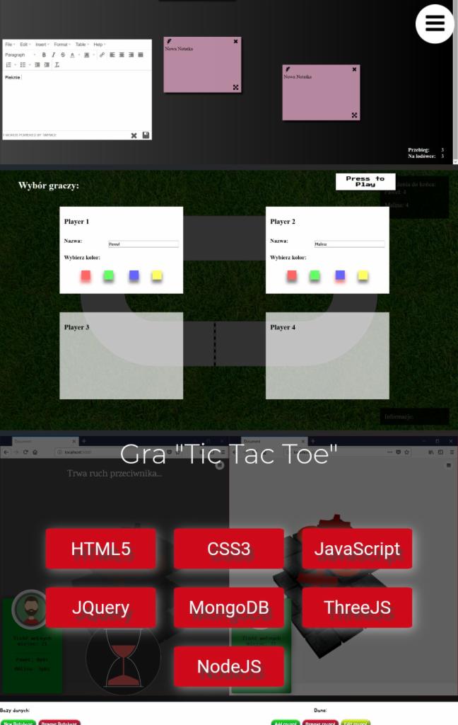 Widok ekranu z uruchomioną grą Tic Tac Toe w przeglądarce, z elementami interfejsu użytkownika takimi jak wybór graczy, notatki i technologie użyte do stworzenia gry (HTML5, CSS3, JavaScript...