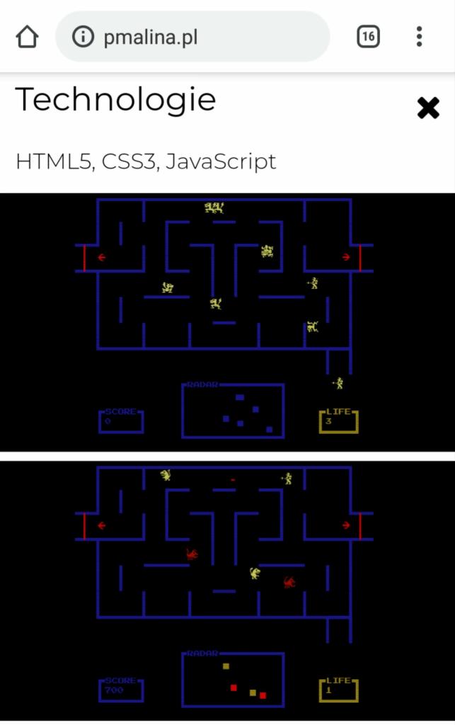 Zrzut ekranu strony pmalina.pl przedstawiający grę labiryntową w stylu retro, napisaną w HTML5, CSS3 i JavaScript. Widoczne dwa stany gry: w pierwszym gracz ma 3 życia i wynik 0, w drugim 1 życie...