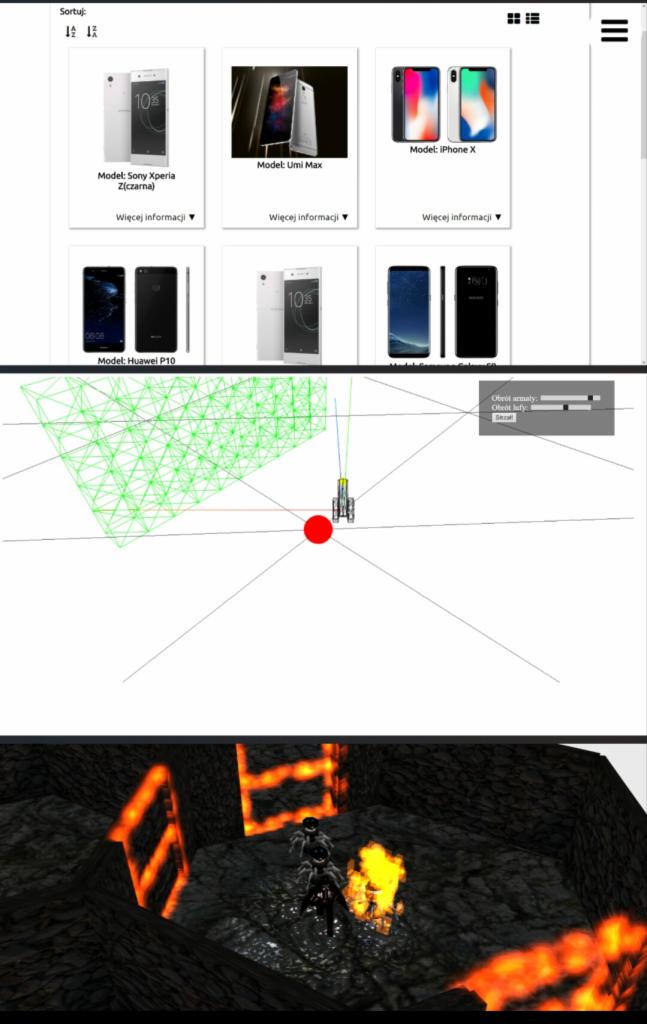 Zrzut ekranu z procesu tworzenia gry 3D: widok z góry na modele telefonów, siatka 3D, ustawienia obrotu armaty oraz dolny kadr z postacią w wirtualnym świecie z lawą.