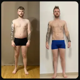 Mężczyzna przed i po treningu: widoczna redukcja wagi i poprawa sylwetki. Tatuaże na ramionach, różne kolory bokserek, odmienne tła.