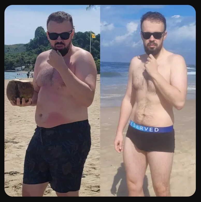 Mężczyzna na plaży, zdjęcie typu 'przed i po' z efektem redukcji wagi. Po lewej trzyma kokos, po prawej w kąpielówkach Reserved. Plaża, morze, słońce.