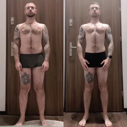 Mężczyzna przed i po treningu: widoczna różnica w sylwetce, ukazująca efekty ćwiczeń i zmiany w wyglądzie. Efekt pracy trenera personalnego.