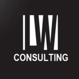 Logo firmy konsultingowej z białym napisem 'LW CONSULTING' na czarnym tle.