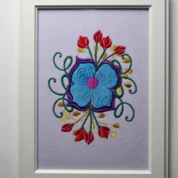 Ręcznie wykonana, haftowana kompozycja kwiatowa w odcieniach błękitu, czerwieni i złota, oprawiona w białą ramkę na jasnym tle.