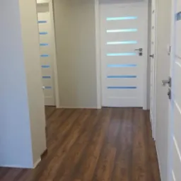 Korytarz z trzema białymi drzwiami wewnętrznymi z poziomymi, niebieskimi przeszkleniami, brązowa podłoga laminowana, szare ściany i sufit z oświetleniem punktowym.