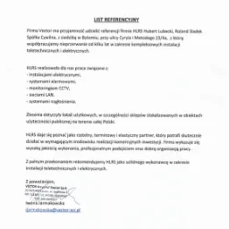 List referencyjny firmy HLRS, wykonującej instalacje elektryczne, alarmowe, monitoring CCTV, sieci LAN i systemy nagłośnienia dla lokali użytkowych w całej Polsce.