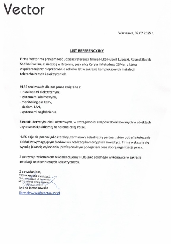 List referencyjny firmy HLRS, wykonującej instalacje elektryczne, alarmowe, monitoring CCTV, sieci LAN i systemy nagłośnienia dla lokali użytkowych w całej Polsce.