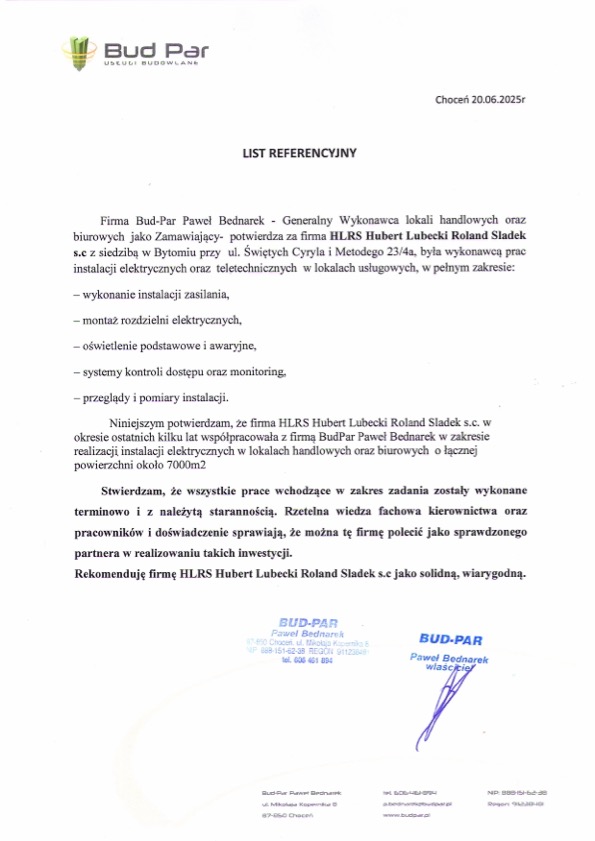 Dokument referencyjny firmy Bud-Par Pawła Bednarka, potwierdzający realizację instalacji elektrycznych i teletechnicznych przez HLRS Hubert Lubecki Roland Sladek.