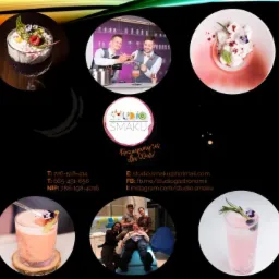 Kolaż zdjęć prezentujący różnorodne aspekty działalności firmy cateringowej Studio Smaku, w tym przygotowywanie i serwowanie drinków, portrety zespołu oraz aranżacje stołów.