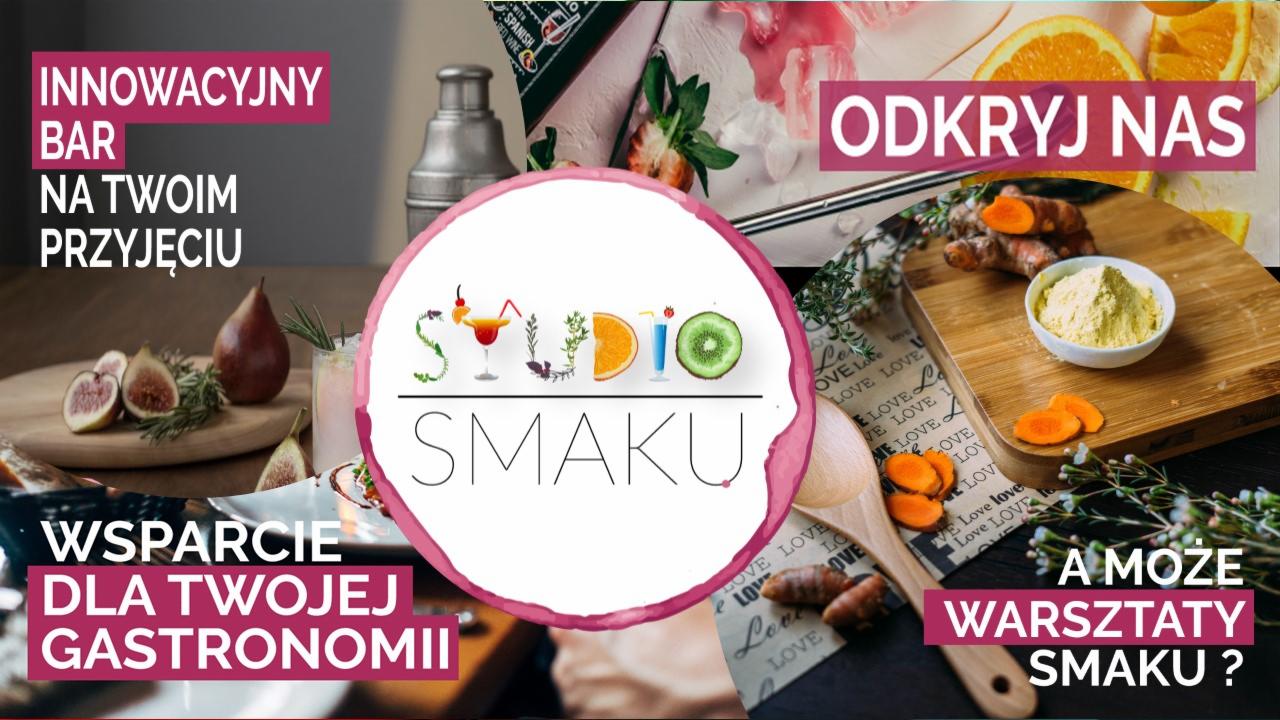 Kompozycja kulinarna z owocami, przyprawami i koktajlami, promująca Studio Smaku w Nowym Tomyślu, z elementami cateringu imprezowego i warsztatów kulinarnych.