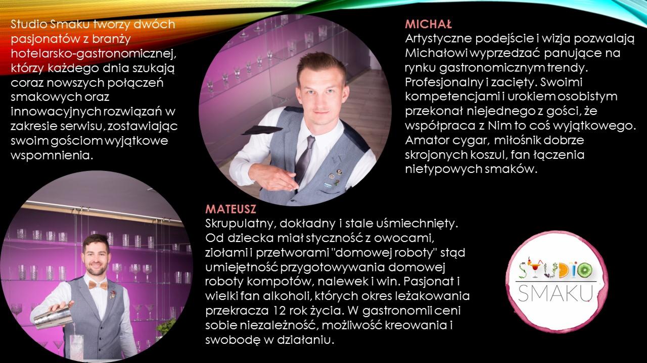 Portret dwóch mężczyzn w eleganckich strojach, prezentujących się jako współtwórcy 'Studio Smaku', z tekstem opisującym ich pasje i umiejętności w branży gastronomicznej oraz logo firmy w prawym...