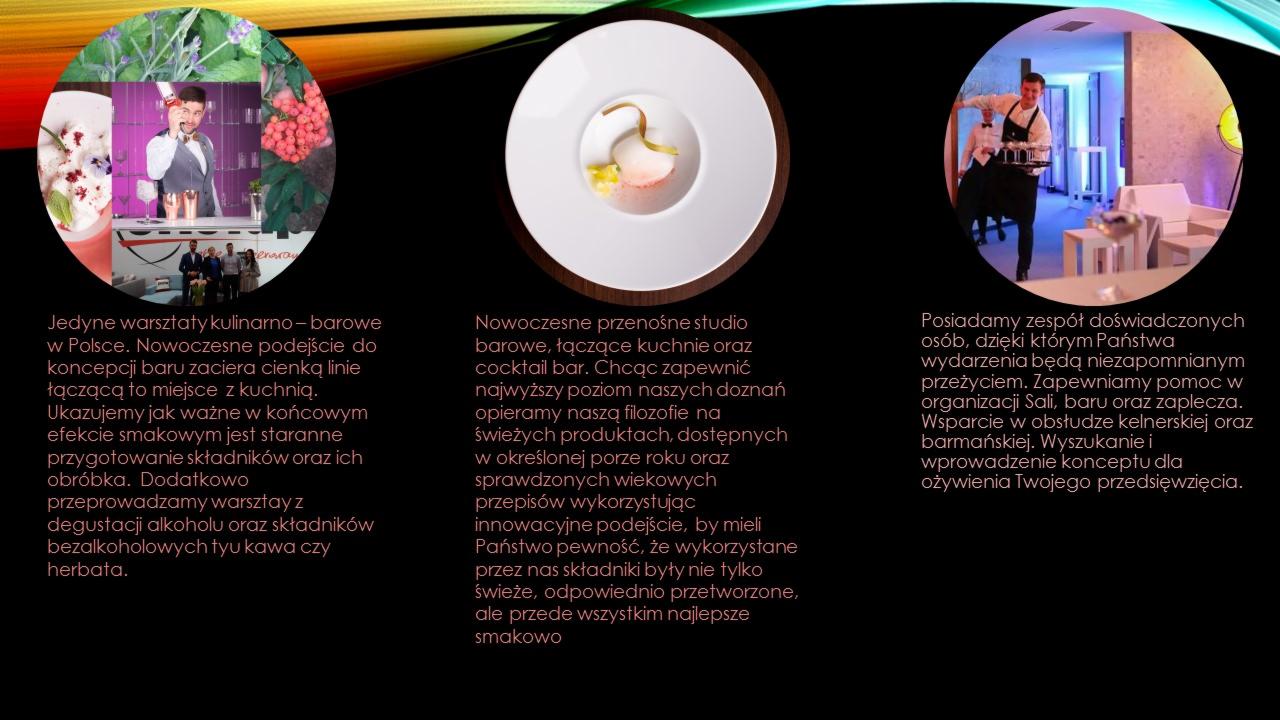 Kolaż z trzech obrazów: barman przygotowujący drinki, elegancki deser na białym talerzu oraz kelner z tacą pełną kieliszków w nowoczesnym wnętrzu.