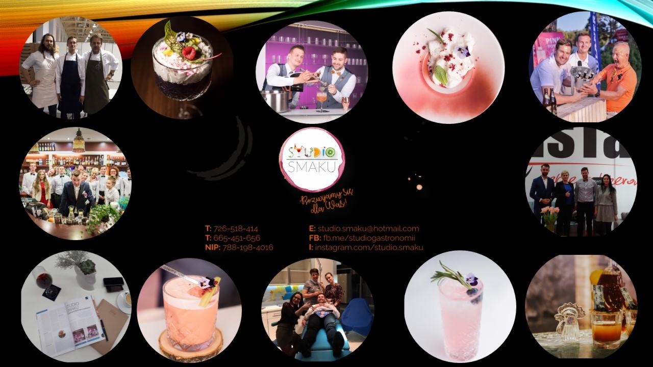Kolaż zdjęć prezentujący różnorodne aspekty działalności firmy cateringowej Studio Smaku, w tym przygotowywanie i serwowanie drinków, portrety zespołu oraz aranżacje stołów.