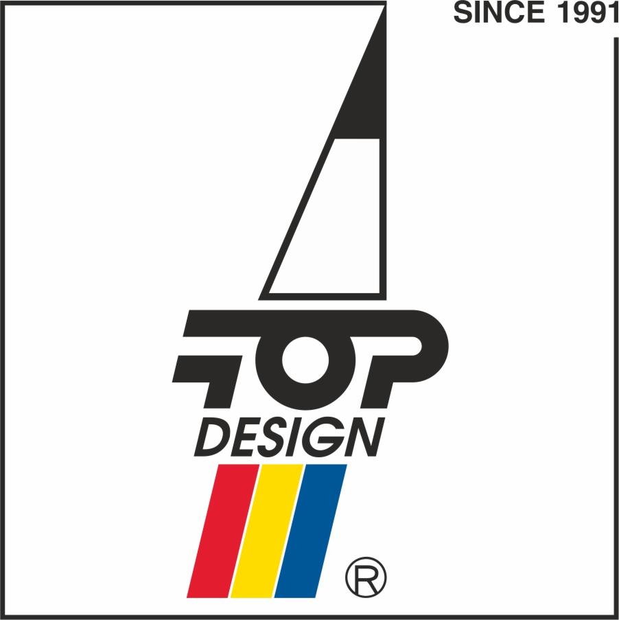 Logo firmy TOP DESIGN z datą założenia 1991, przedstawiające stylizowany ołówek nad napisem i trzema pionowymi paskami w kolorach czerwonym, żółtym i niebieskim.