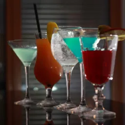 Różnokolorowe koktajle w szklanych kieliszkach, udekorowane owocami, ustawione na błyszczącej powierzchni, z ciemnym tłem.