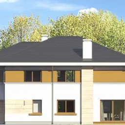 Wizualizacja dwukondygnacyjnego domu z płaskim dachem, białymi ścianami i elementami z jasnego drewna, widok z zewnątrz w słoneczny dzień.