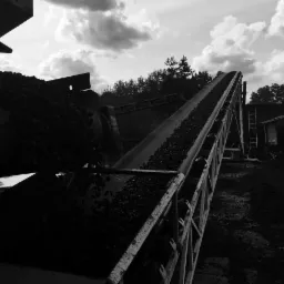 Czarno-białe zdjęcie z perspektywy żabiej przedstawiające węgiel spadający z maszyny na taśmociąg, który transportuje go w górę; w tle widoczne drzewa i pochmurne niebo.