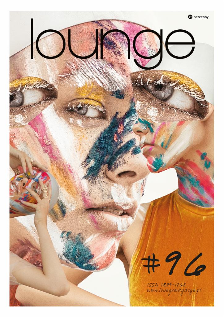 Awangardowa okładka magazynu z kolażem twarzy modelki pokrytej farbami, z dodatkowymi elementami graficznymi i napisami.