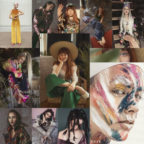 Mozaika z różnych ujęć modelek prezentujących różnorodne stylizacje, od eleganckich kombinezonów po awangardowe makijaże i fryzury, w tym modelka w słomkowym kapeluszu i zielonych spodniach,...