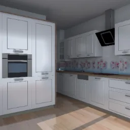 Wizualizacja nowoczesnej kuchni z białymi frontami, drewnianymi blatami i panelem szklanym z motywem kwiatowym, oświetlona jasnym światłem.