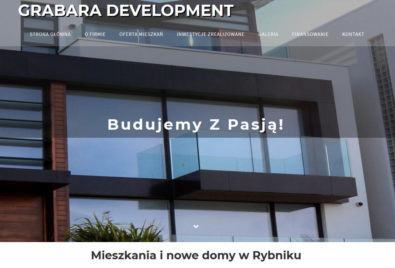 Strona internetowa firmy Grabara Development prezentująca nowoczesny budynek z dużymi oknami i balkonem, z hasłem 'Budujemy Z Pasją!' i informacją o mieszkaniach w Rybniku.
