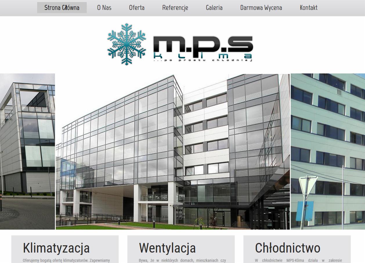 Responsywna strona internetowa firmy z branży klimatyzacji, wentylacji i chłodnictwa, prezentująca budynki biurowe z nowoczesną architekturą.