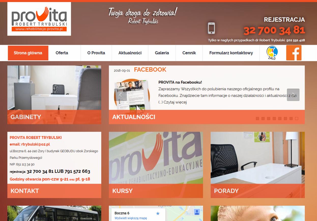 Układ strony internetowej firmy rehabilitacyjnej Provita, z zakładkami: Strona główna, Oferta, O Provita, Aktualności, Galeria, Cennik, Formularz kontaktowy, Gabinety, Kontakt, Kursy, Porady,...