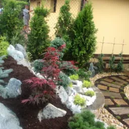 Skomponowany skalniak z różnorodną roślinnością: iglaki, klon palmowy, trawy ozdobne i kamienie, z ścieżką z drewnianych płyt i żwiru w tle.