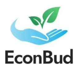Logo firmy EconBud: stylizowana dłoń w odcieniach błękitu podtrzymująca dwie zielone, świeże sadzonki. Nazwa firmy napisana dużymi, pogrubionymi literami poniżej.
