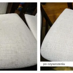 Krzesło z jasną tapicerką, porównanie stanu przed i po czyszczeniu, widoczne plamy na lewym zdjęciu, usunięte na prawym zdjęciu.