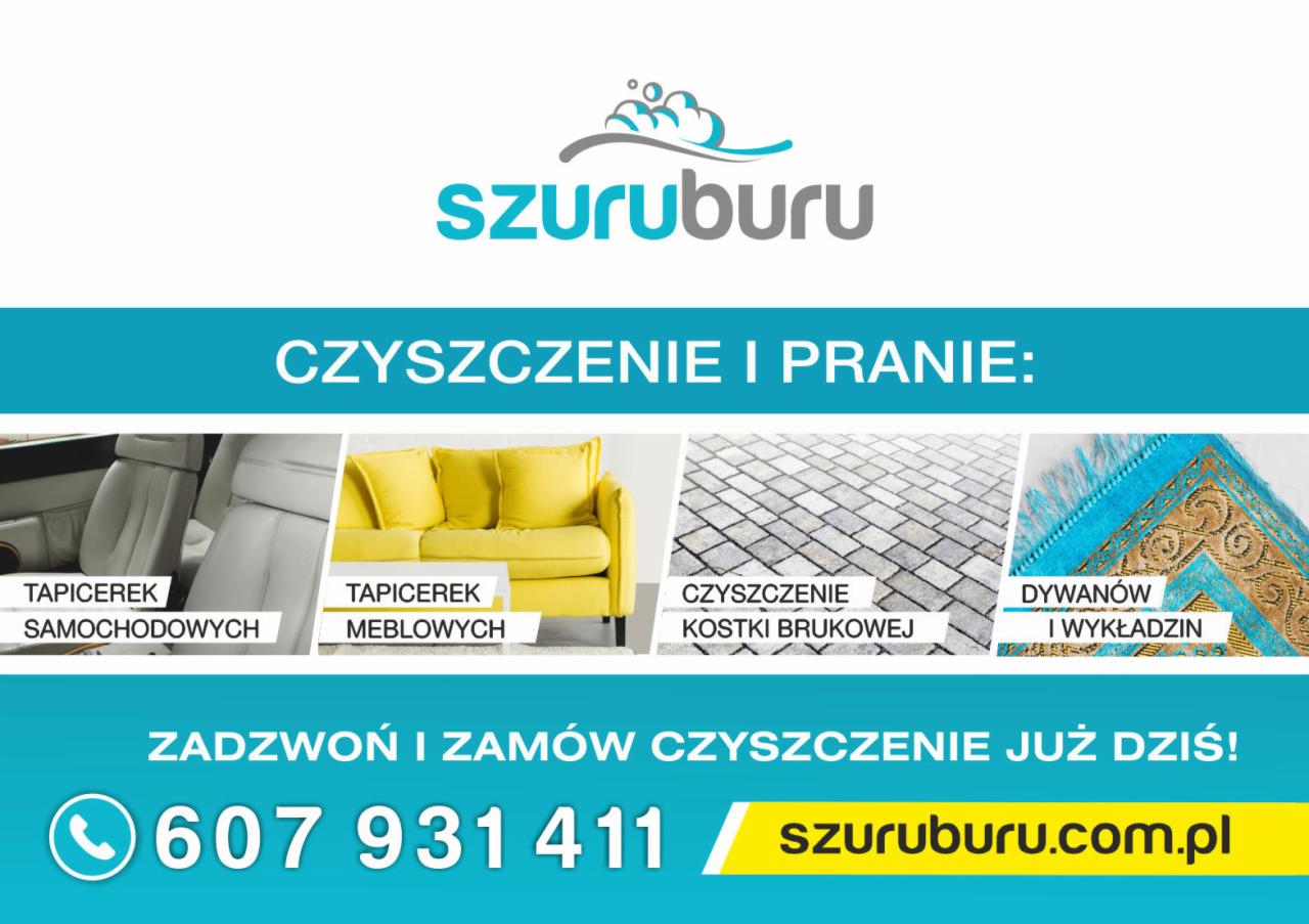 Reklama firmy oferującej czyszczenie tapicerki samochodowej i meblowej, kostki brukowej oraz dywanów i wykładzin, z widocznym logo i danymi kontaktowymi.