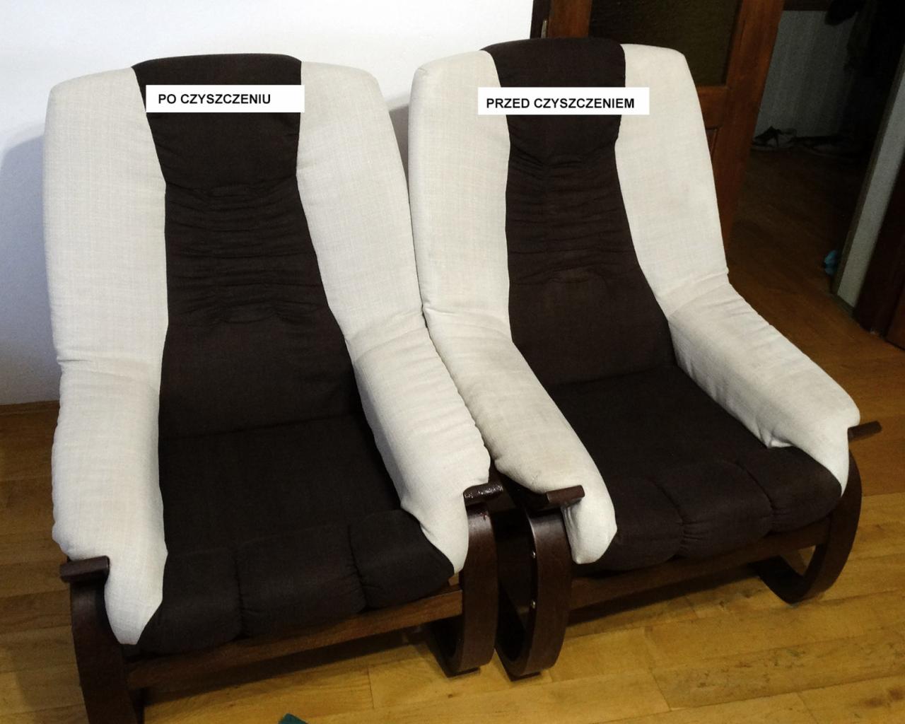 Dwa brązowo-białe fotele bujane zestawione obok siebie: jeden 'przed czyszczeniem' z widocznymi zabrudzeniami, drugi 'po czyszczeniu' z jaśniejszą, czystą tapicerką.