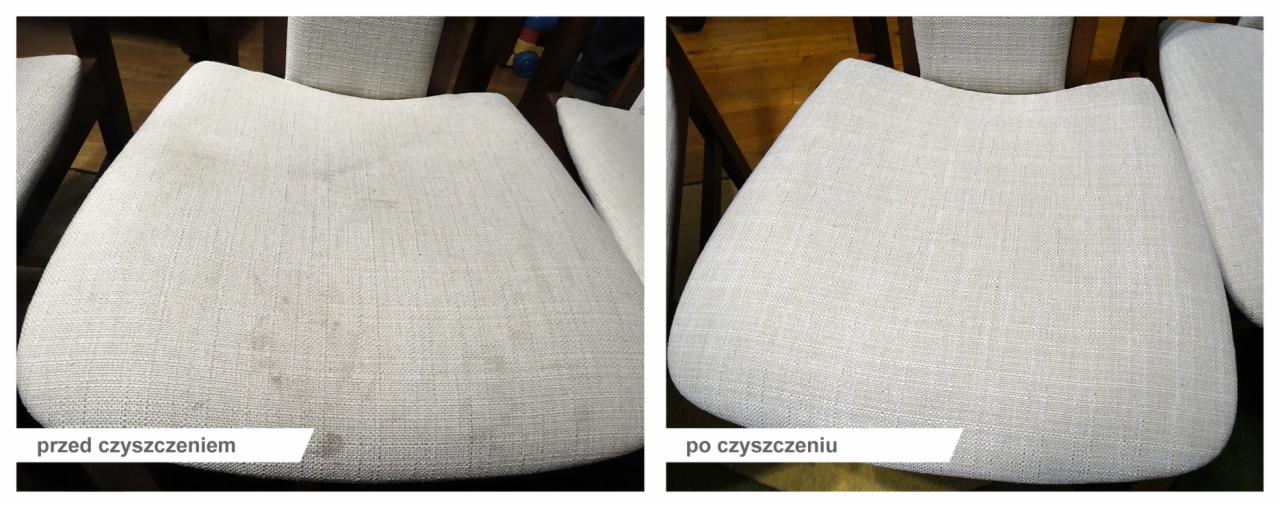 Krzesło z jasną tapicerką, porównanie stanu przed i po czyszczeniu, widoczne plamy na lewym zdjęciu, usunięte na prawym zdjęciu.