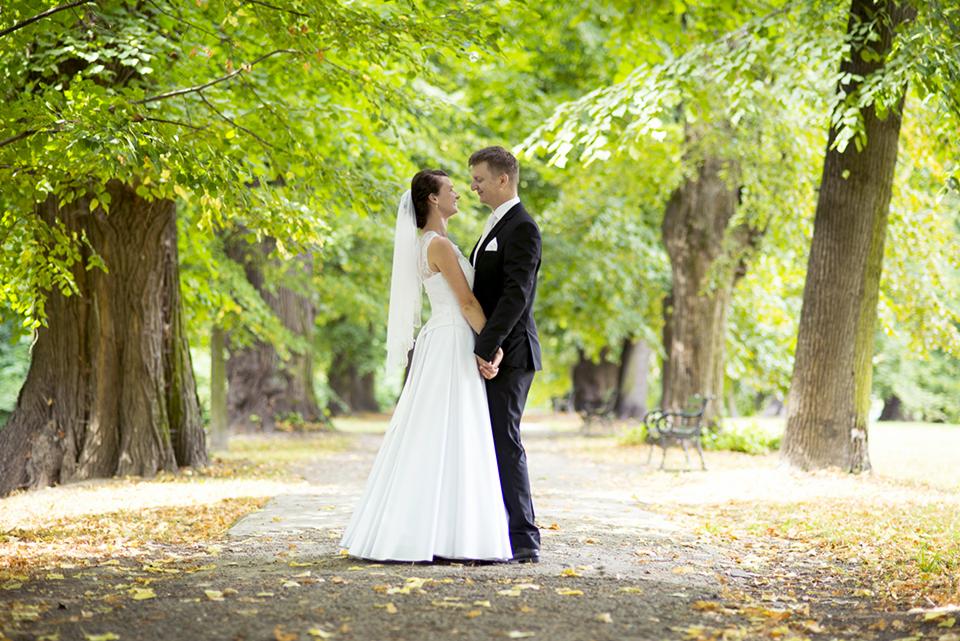 Para młoda trzymająca się za ręce, stojąca na ścieżce w parku z rzędem drzew w tle, ona w białej sukni ślubnej i welonie, on w czarnym garniturze.